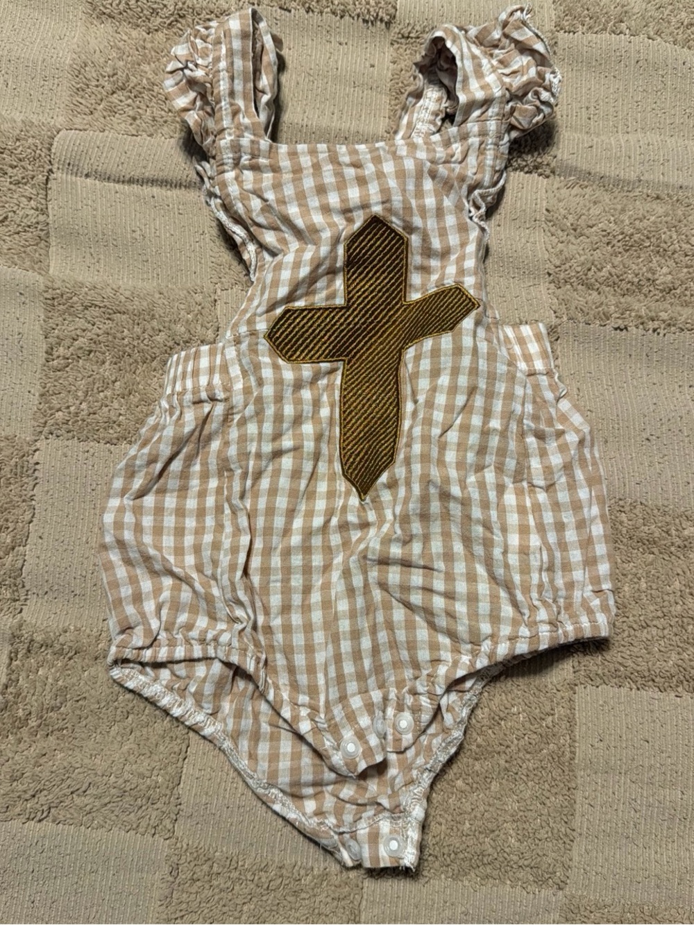 Classic Tan Gingham Baby One-Piece Bodysuit with Cross Appliqué